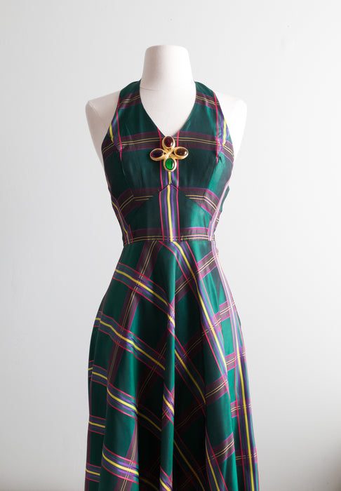 Fabulous 1970's Emerald Plaid Taffeta Halterneck Evening Gown / Small Xtabay Vintage Fabulous 1970's Emerald Plaid Taffeta Halterneck Evening Gown / Small Xtabay Vintage