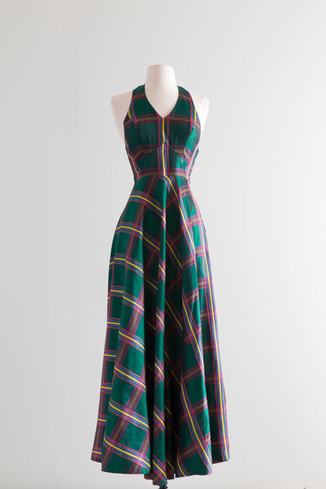 Fabulous 1970's Emerald Plaid Taffeta Halterneck Evening Gown / Small