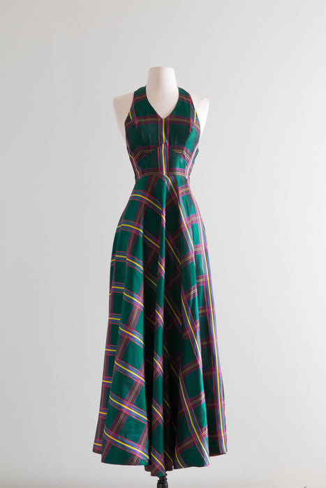 Fabulous 1970's Emerald Plaid Taffeta Halterneck Evening Gown / Small
