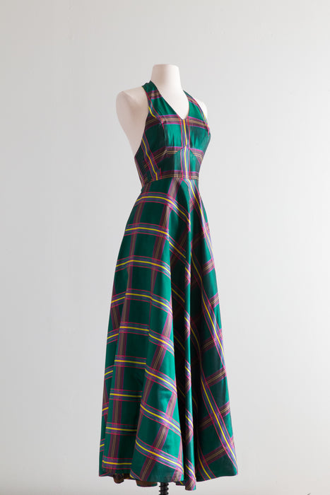 Fabulous 1970's Emerald Plaid Taffeta Halterneck Evening Gown / Small