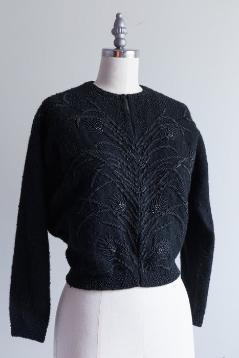 Elegant 1960's Beaded Black Cardigan Wheat Shafts / Large
