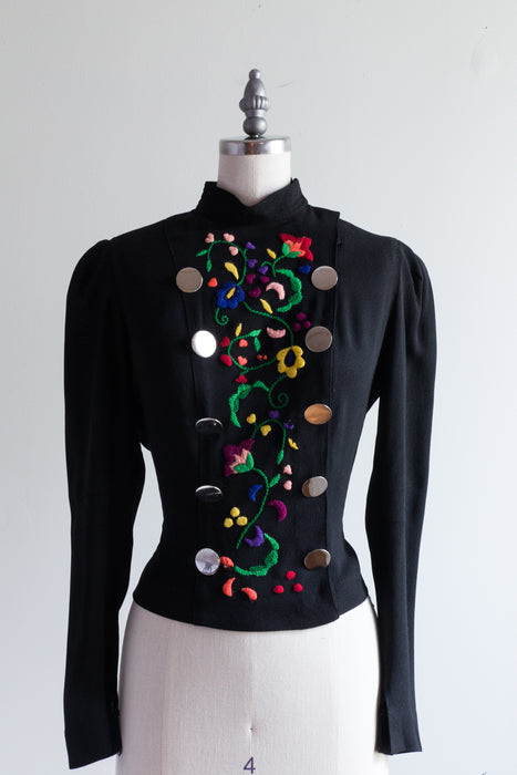 Charming Late 1930's F.O.G.A Designer Embroidered Rayon Blouse / Medium
