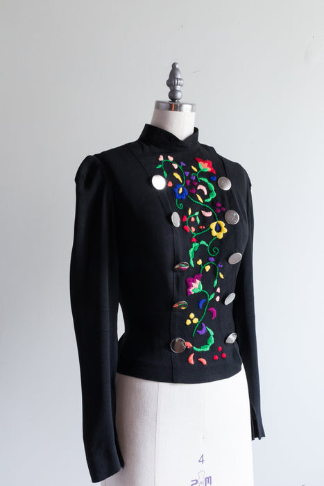 Charming Late 1930's F.O.G.A Designer Embroidered Rayon Blouse / Medium