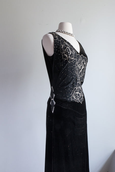 RARE 1920's Silk Velvet Flapper Dress With Rhinestones / Medium