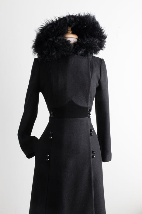 Dramatic 1970's Black Wool Maxi Coat With Hood / SM