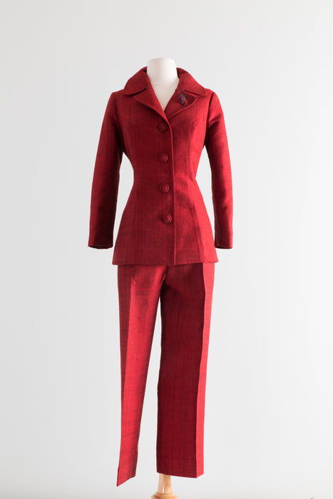 Fabulous 1960's Red Thai Silk Custom Pant Suit / SM