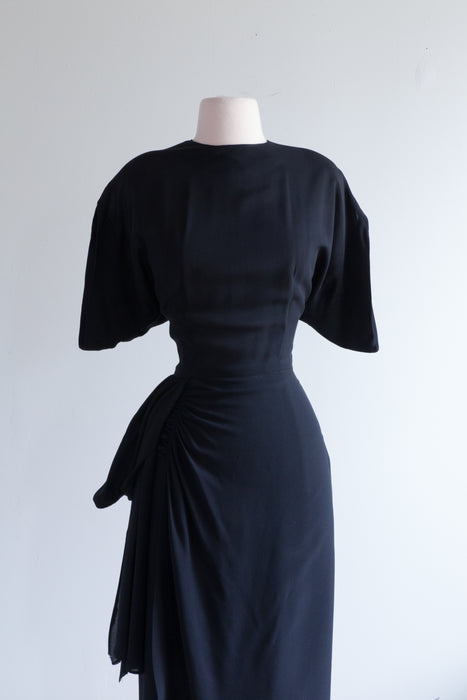 Dramatic 1940's Black Rayon Cocktail Dress With Hip Swag / Medium