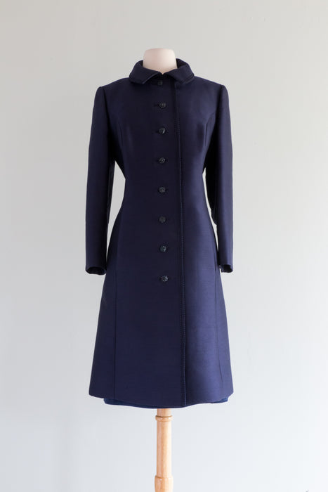 Elegant 1960's Navy Blue Silk Evening Coat By Robert Leonard / ML