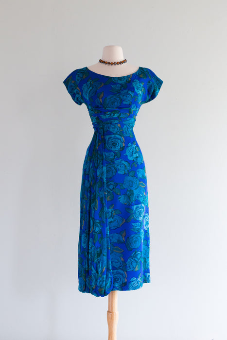 Stunning 1950's Silk Chiffon Blue Rose Print Cocktail Dress / Medium