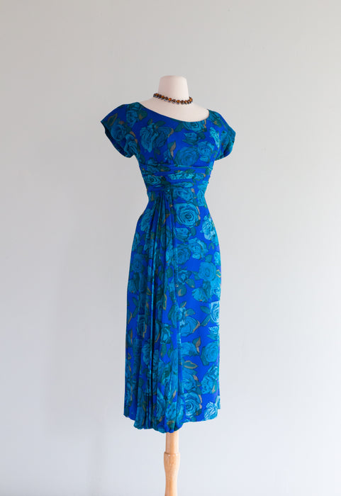 Stunning 1950's Silk Chiffon Blue Rose Print Cocktail Dress / Medium