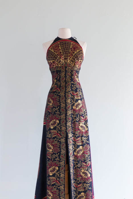 Stunning 1970's Black Cotton Halter Gown With Rich Floral Motif / Small