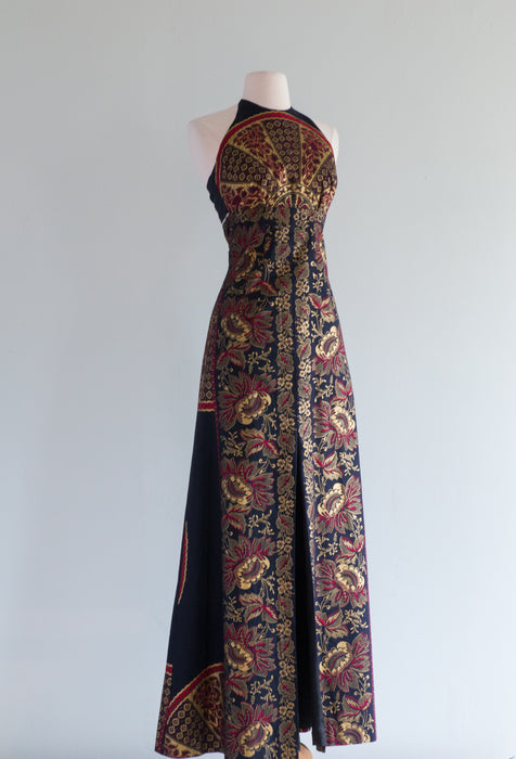 Stunning 1970's Black Cotton Halter Gown With Rich Floral Motif / Small