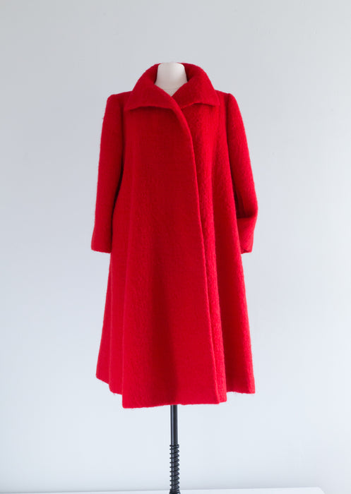 Vintage 1960's Pauline Trigere Cherry Red Mohair Swing Coat / L