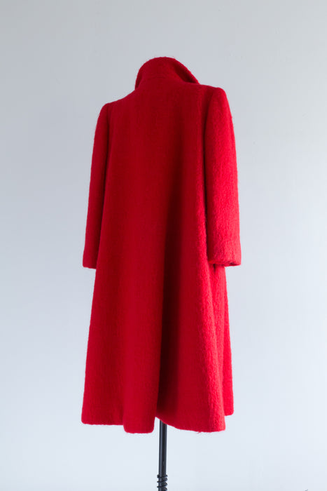 Vintage 1960's Pauline Trigere Cherry Red Mohair Swing Coat / L