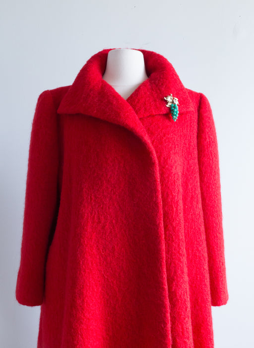 Vintage 1960's Pauline Trigere Cherry Red Mohair Swing Coat / L