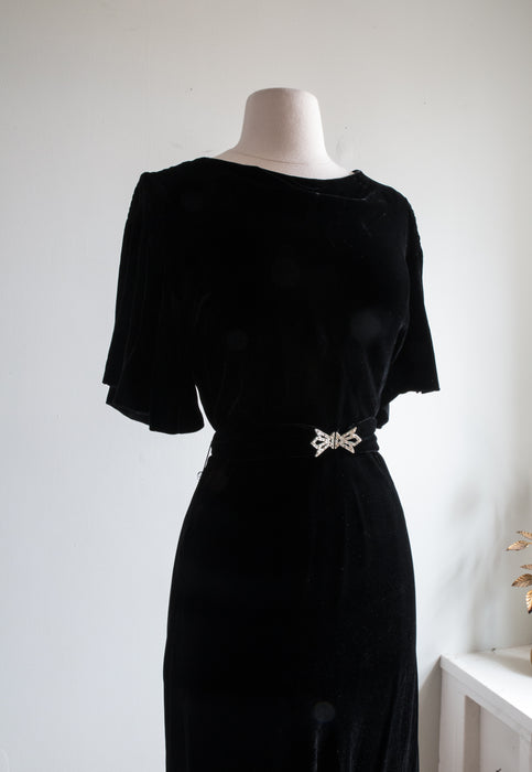 Elegant 1930's Black Silk Bias Cut Evening Gown With Flutter Sleeves / SM