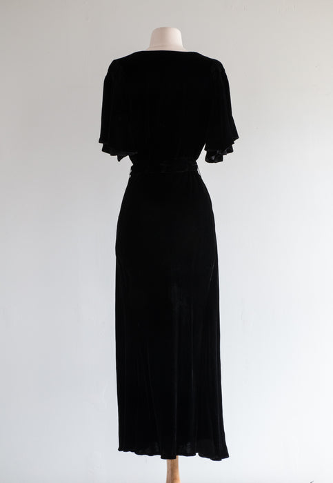 Elegant 1930's Black Silk Bias Cut Evening Gown With Flutter Sleeves / SM