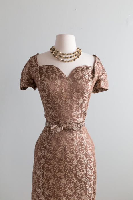Exquisite 1950's Bronze Silk Brocade Cocktail Dress & Jacket / Medium