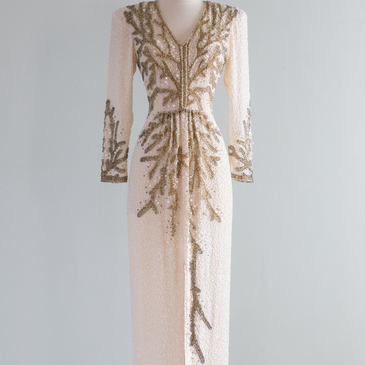 Fabulous 1980's Ivory & Gold Fully Beaded Evening Gown / Small  Xtabay  Vintage