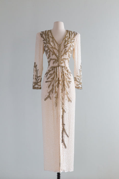 Fabulous 1980's Ivory & Gold Fully Beaded Evening Gown / Small