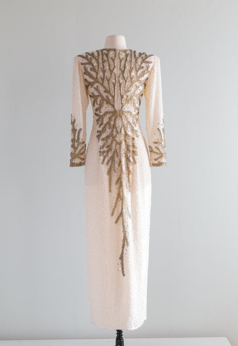 Fabulous 1980's Ivory & Gold Fully Beaded Evening Gown / Small