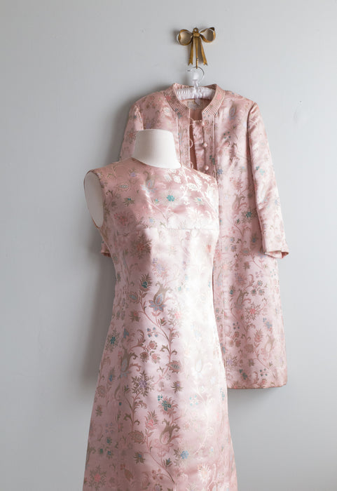 Elegant 1960's Dynasty Pink Silk Brocade Dress & Coat Set / SM
