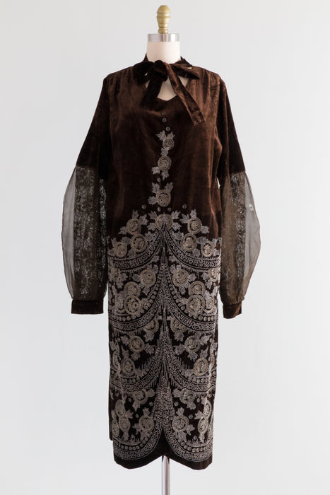 Rare 1920's Couture Panne Velvet Beaded Evening Dress / Small Xtabay Vintage Rare 1920's Couture Panne Velvet Beaded Evening Dress / Small Xtabay Vintage