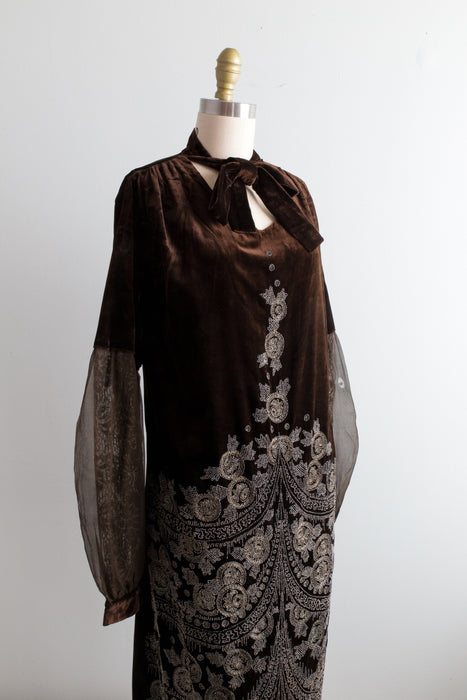 Rare 1920's Couture Panne Velvet Beaded Evening Dress / Small
