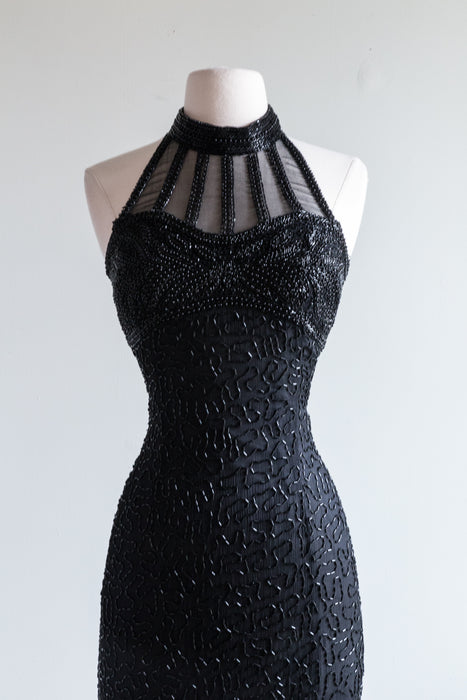 Sexy Vintage 1980's Silk Beaded Evening Gown / Small