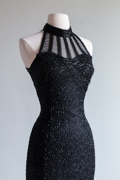 Sexy Vintage 1980's Silk Beaded Evening Gown / Small