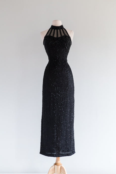 Sexy Vintage 1980's Silk Beaded Evening Gown / Small