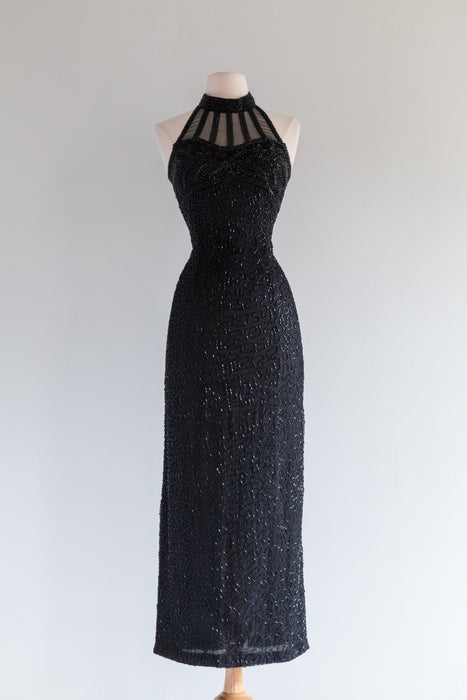 Sexy Vintage 1980's Silk Beaded Evening Gown / Small