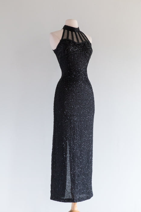 Sexy Vintage 1980's Silk Beaded Evening Gown / Small