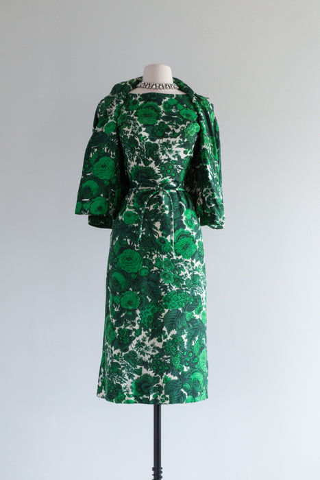 Gorgeous 1950's Green Silk Floral Dress Set By Harvey Berin / Medium