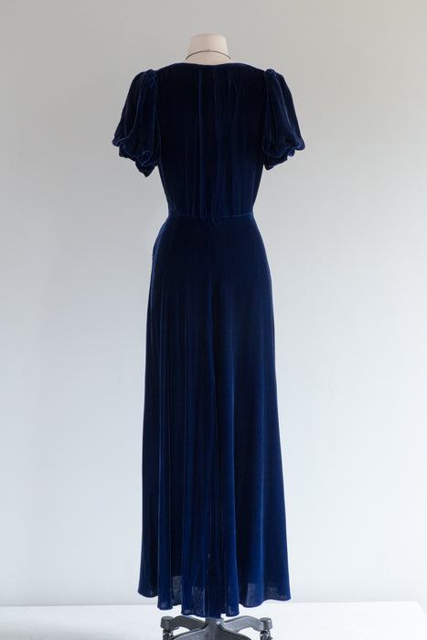 Elegant 1930's Blue Silk Velvet Evening Gown / ML