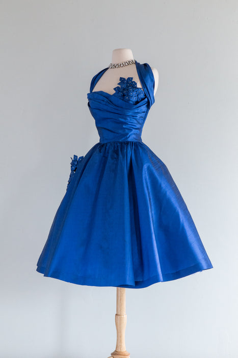 1950's Sapphire Blue Silk Party Dress With Rhinestones / SM