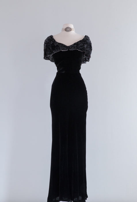 Divine 1930's Black Silk Velvet Evening Gown With Sequin Collar / SM