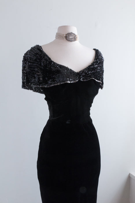 Divine 1930's Black Silk Velvet Evening Gown With Sequin Collar / SM