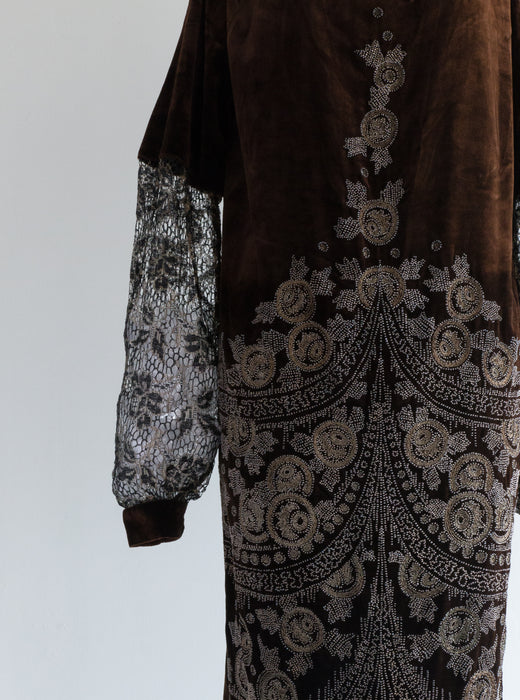 Rare 1920's Couture Panne Velvet Beaded Evening Dress / Small