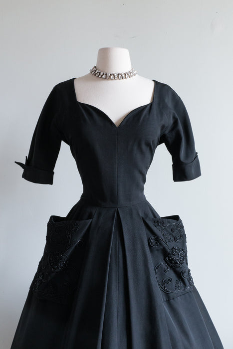 Stunning 1950's New Look Black Faille Party Dress / Medium
