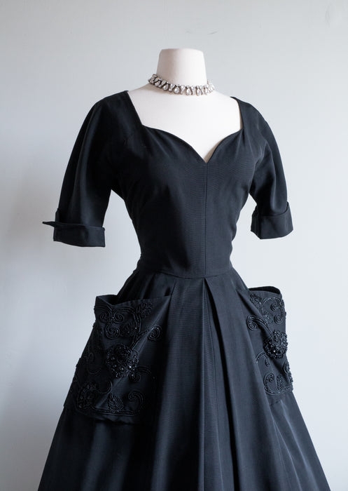 Stunning 1950's New Look Black Faille Party Dress / Medium