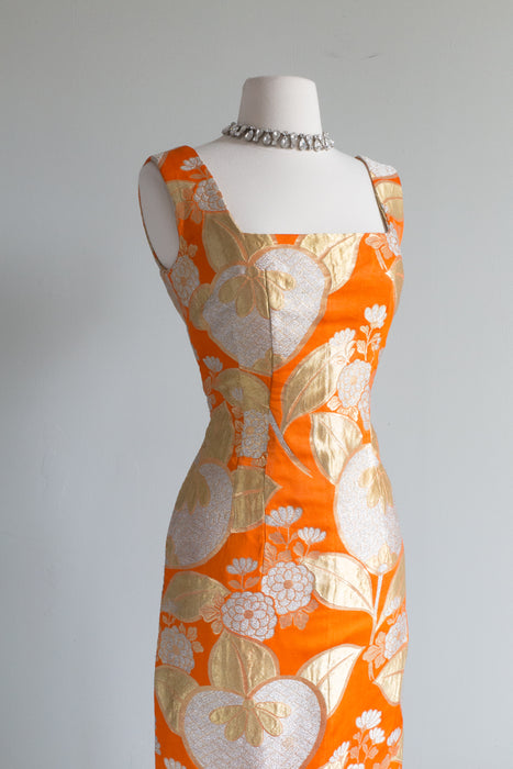 Exquisite Late 1950's SATSUMA Orange Japanese Brocade Evening Gown / Small