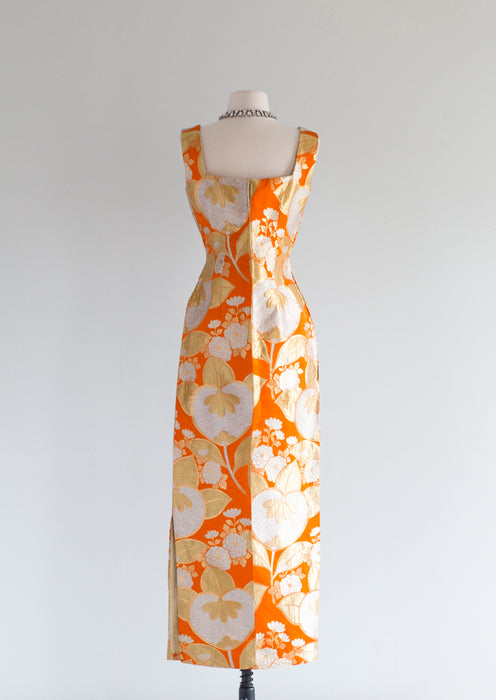 Exquisite Late 1950's SATSUMA Orange Japanese Brocade Evening Gown / Small