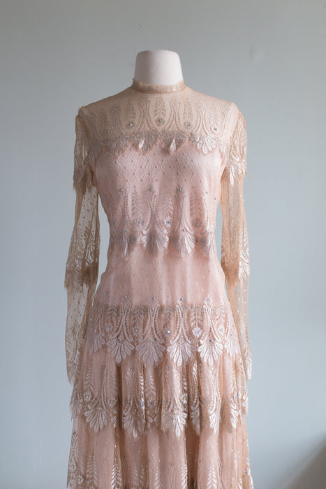 Ethereal 1970's Designer Rina di Montella Tiered Lace Evening Dress / SM