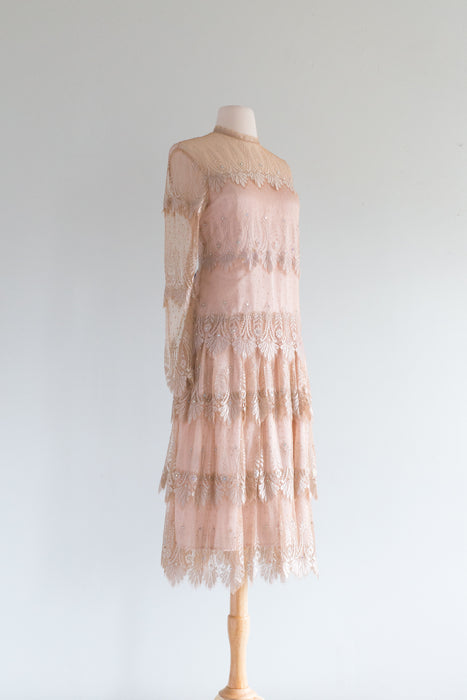 Ethereal 1970's Designer Rina di Montella Tiered Lace Evening Dress / SM