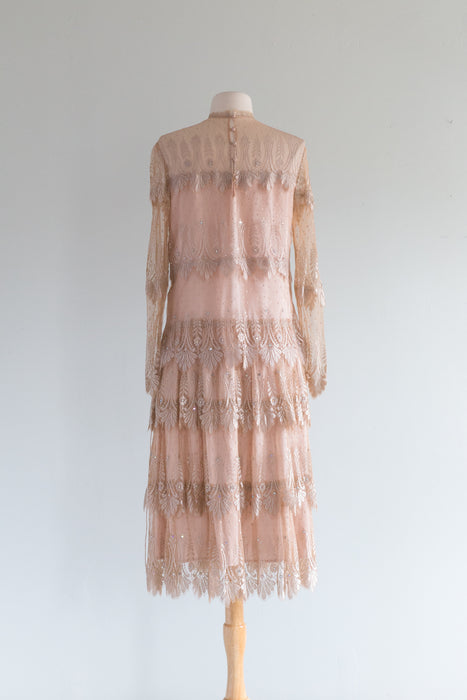 Ethereal 1970's Designer Rina di Montella Tiered Lace Evening Dress / SM