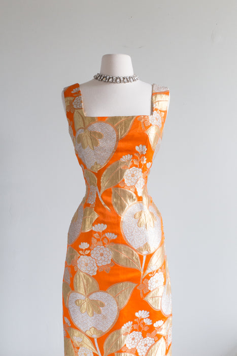 Exquisite Late 1950's SATSUMA Orange Japanese Brocade Evening Gown / Small