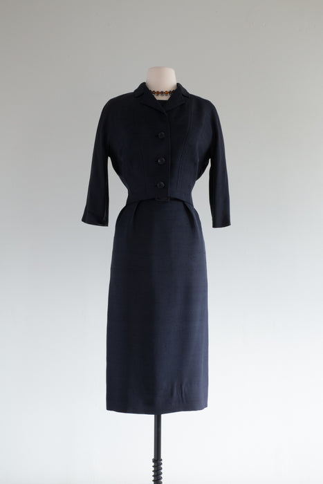 Sophisticated 1950's Navy Blue Silk Dress & Jacket By Ben Reig / Waist 28