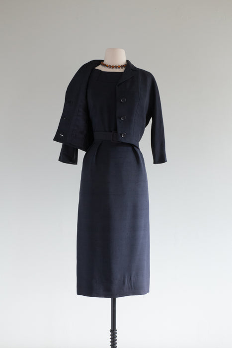 Sophisticated 1950's Navy Blue Silk Dress & Jacket By Ben Reig / Waist 28