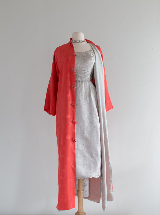 Gorgeous 1960's Coral Silk Lounge Robe With Pale Blue Lining / M